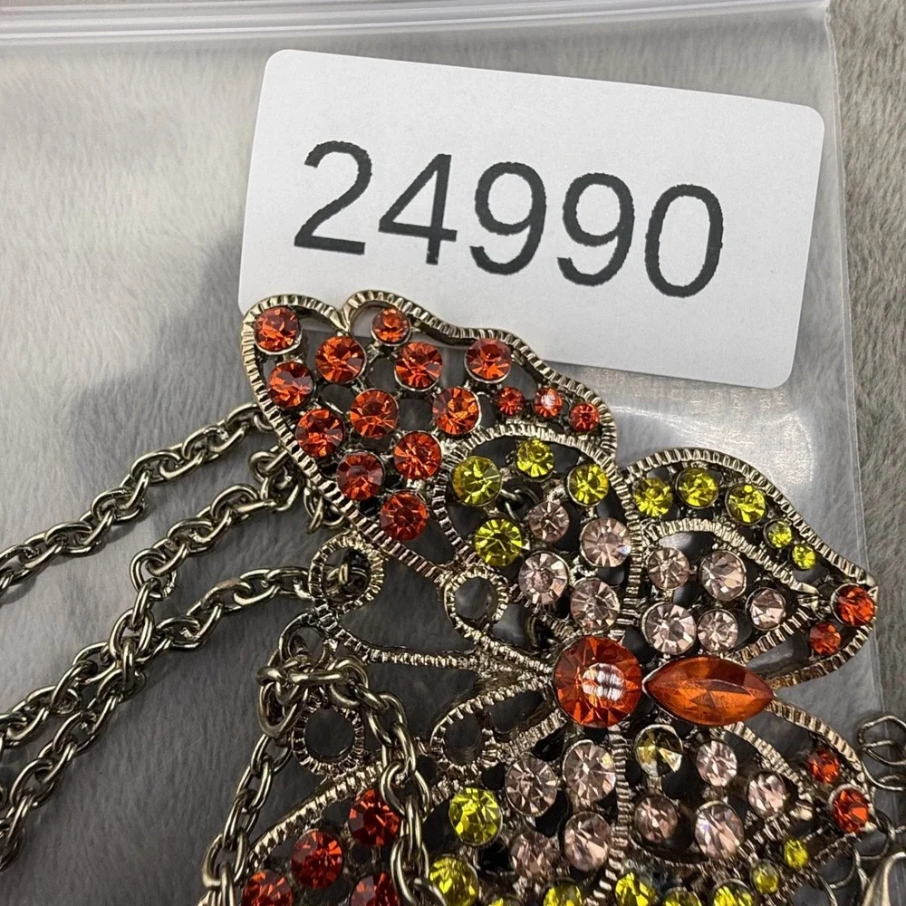 Estate Butterfly Necklace Gold Tone Rhinestone Orange Adjustable 32